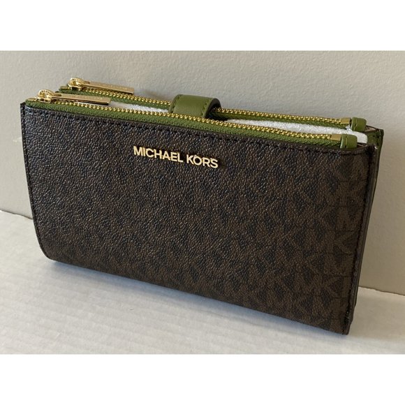 New Michael Kors Jet Set Travel Double zip wristlet wallet PVC Brown / Evergreen - Picture 1 of 6